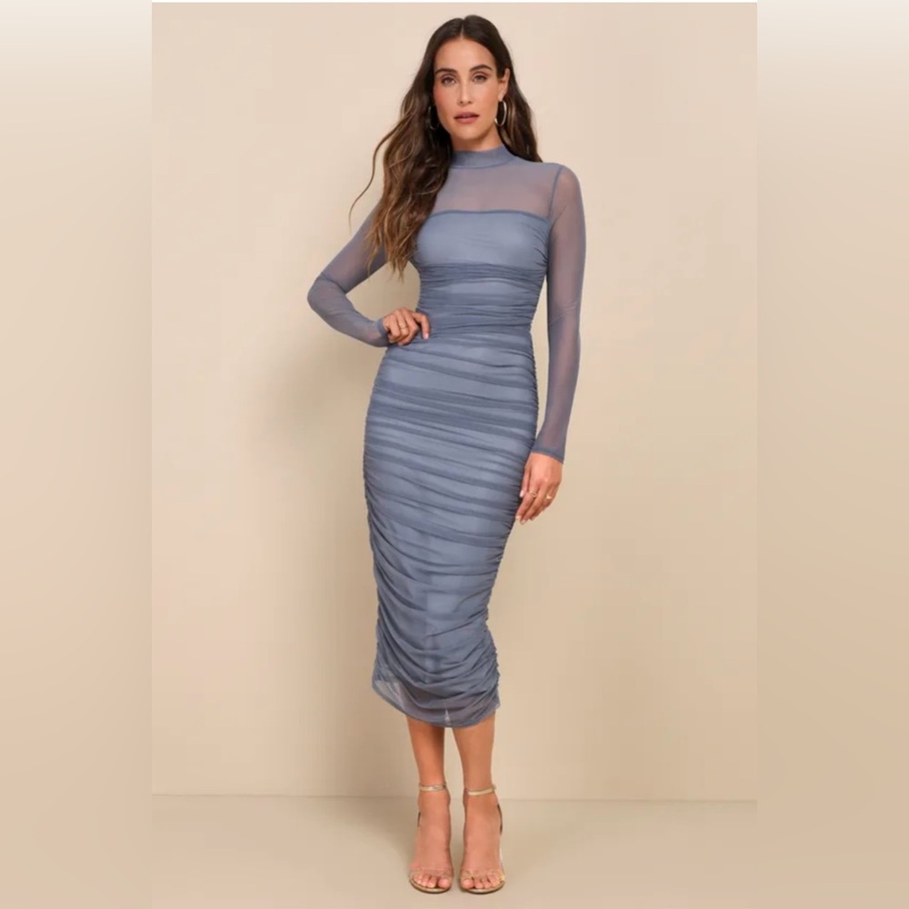 Slate Blue Lulu’s Mesh Ruched Mock Neck Midi Dress